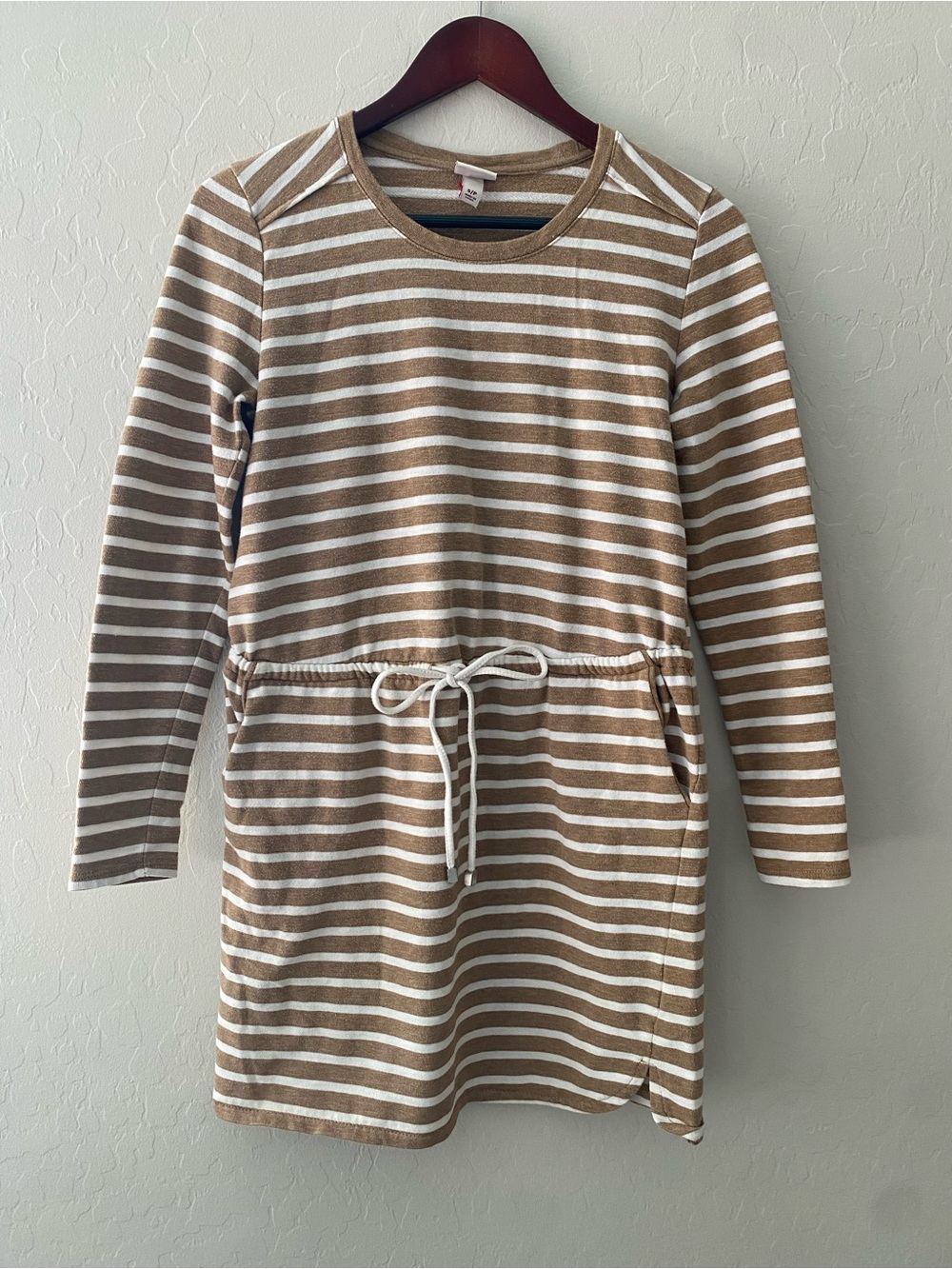 Merona Camel & White Striped Long Sleeve Dress Size S Drawstring Waist & Pockets